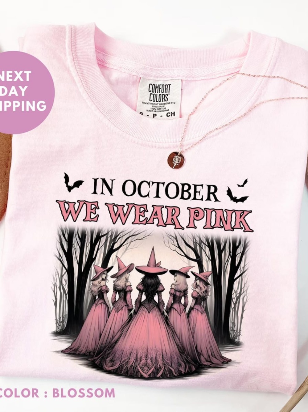 Comfort Colors Blossom'In October We Wear Pink' Witch Graphic Tee